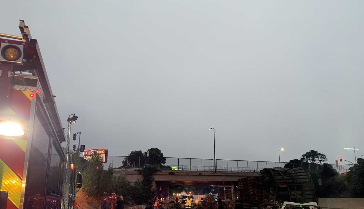 Big-rig carrying chickens crashes, catches fire on WB I-80 in San Pablo