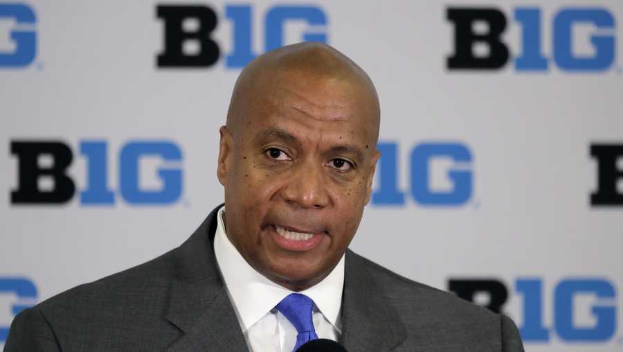 In this June 4, 2019, file photo, Kevin Warren talks to reporters after being named Big Ten Conference Commissioner during a news conference in Rosemont, Ill.