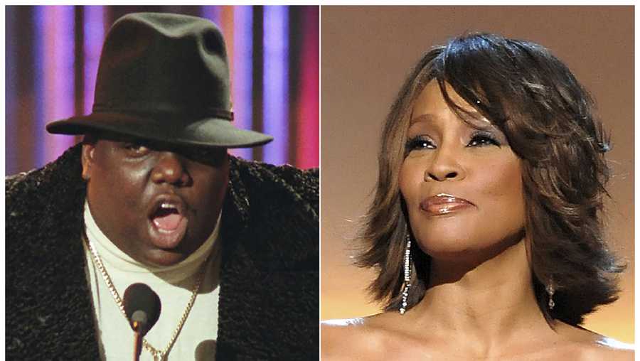 This combination photo shows Notorious B.I.G., who won rap artist and rap single of the year, during the annual Billboard Music Awards in New York on Dec. 6, 1995, left, and singer Whitney Houston at the BET Honors in Washington on Jan. 17, 2009. The pair will be inducted into the Rock and Roll Hall of Fame's 2020 class.