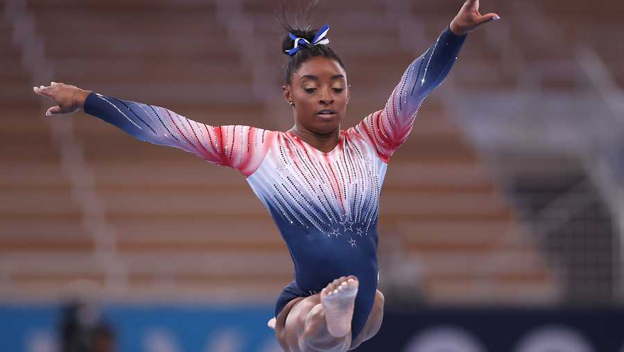 TOKYO, JAPAN - AUGUST 03: Simone Biles of Team United States competes in the Women&apos;s Balance Beam Final on day eleven of the Tokyo 2020 Olympic Games at Ariake Gymnastics Centre on August 03, 2021 in Tokyo, Japan. (Photo by Elsa/Getty Images)