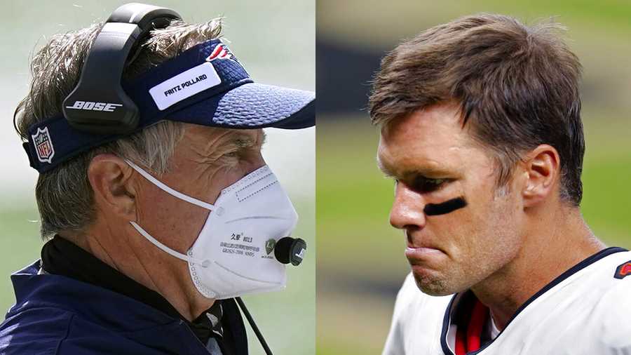 A compilation photo of Patriots head coach Bill Belichick and Buccaneers quarterback Tom Brady