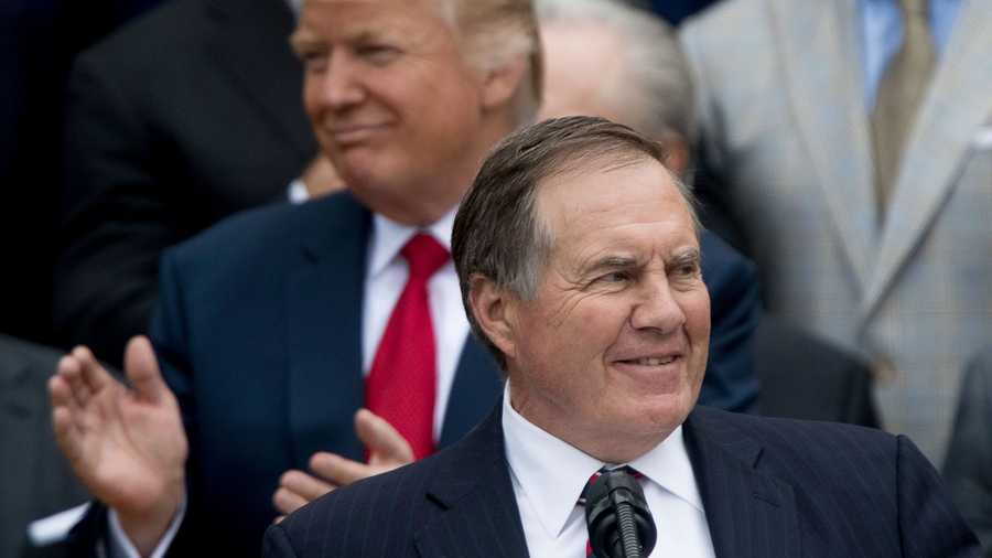 President Donald Trump listens as New England Patriots head coach Bill Belichick speaks during a ceremony on the South Lawn of the White House in Washington, Wednesday, April 19, 2017, where the president honored the Super Bowl Champion New England Patriots for their Super Bowl LI victory. (AP Photo)