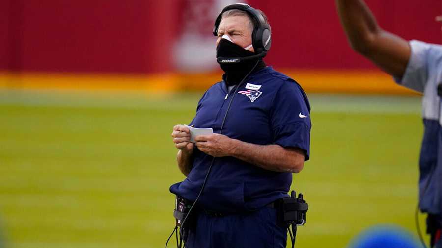 New England Patriots head coach Bill Belichick watches from the sideline during the first half of an NFL football game against the Kansas City Chiefs, Monday, Oct. 5, 2020, in Kansas City. (AP Photo/Jeff Roberson)