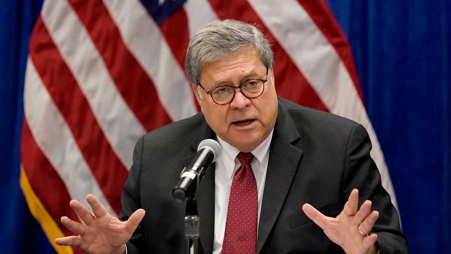 In this Oct. 15, 2020, file photo Attorney General William Barr speaks during a roundtable discussion on Operation Legend, a federal program to help cities combat violent crime in St. Louis.