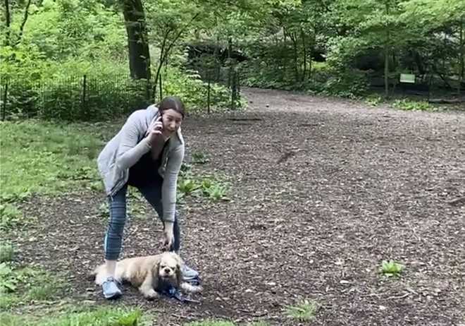 This&#x20;May&#x20;25,&#x20;2020,&#x20;file&#x20;image,&#x20;taken&#x20;from&#x20;video&#x20;provided&#x20;by&#x20;Christian&#x20;Cooper,&#x20;shows&#x20;Amy&#x20;Cooper&#x20;with&#x20;her&#x20;dog&#x20;calling&#x20;police&#x20;at&#x20;Central&#x20;Park&#x20;in&#x20;New&#x20;York.