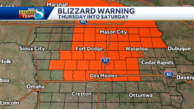 Blizzard warning in effect Thursday for most of central Iowa