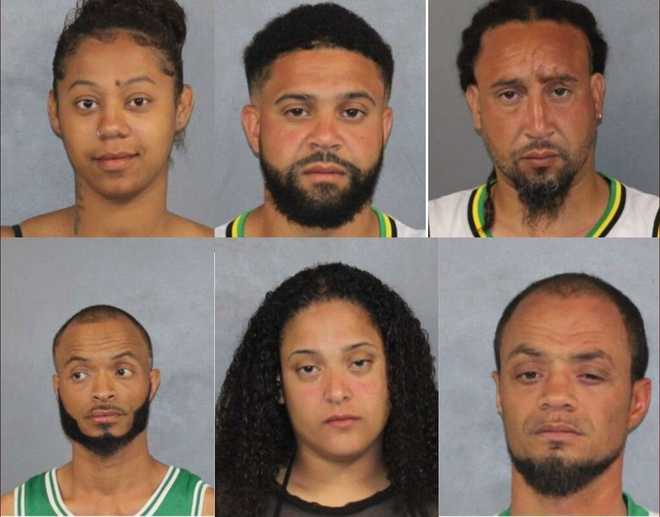 Gilda Antunes, 28, of Brockton, Massachusetts (top left); Henry Lopes Jr., 32, of Providence, Rhode Island (top center); Michael Gomes Lopes, 36, of Brockton (top right); Victor Manuel Gomes Depina, 39, of Brockton (bottom left); Elsa Lopes, 31, of Brockton (bottom center); and Maneul Pina, 42, of Brockton, were among seven people who were arrested after a large fight at the Block Island Ferry dock in Narragansett, Rhode Island, on June 16, 2024.