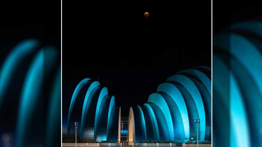"Blood Moon, Blue Kauffman" "Blood Moon, Blue Kauffman" - Viewer photo of blood moon lunar eclipse over the Kauffman Center in Kansas City, Missouri.