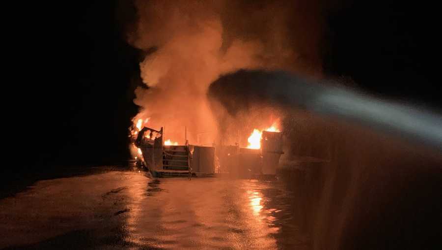 file - in this sept. 2, 2019, file photo provided by the ventura county fire department, firefighters respond to a fire aboard the conception dive boat fire in the santa barbara channel off the coast of southern california. the coast guard signaled wednesday, feb. 10, 2021, that it would undertake a series of recommended safety reforms for passenger vessels in the wake of a 2019 scuba dive boat fire that killed 34 people off the california coast, but a top transportation official cautioned that any changes might take years to enact. the blaze broke out aboard the conception during the final night of a three-day labor day weekend scuba diving excursion near santa cruz island off santa barbara. the tragedy marked the deadliest marine disaster in california in modern history. (ventura county fire department via ap, file)