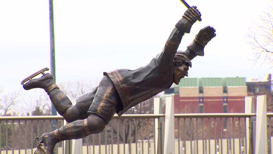 The famous Bobby Orr statue outside the TD Garden and North Station in Boston.