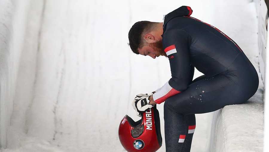 Thibault Demarthon of Monaco reacts after the second run of the 4-man bobsleigh competition on day 2 of the 2019 IBSF World Cup Bobsled & Skeleton at the Mount Van Hoevenberg Olympic Bobsled Run on February 16, 2019 in Lake Placid, New York.