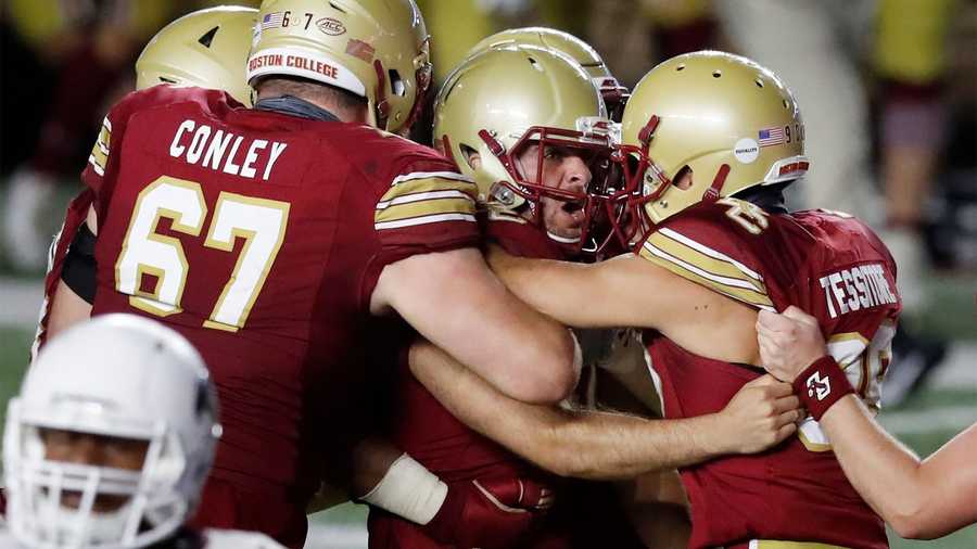 Boston College's Aaron Boumerhi, center, celebrates his go-ahead field goal in the closing seconds of the team's NCAA college football game against Texas State, Saturday, Sept. 26, 2020, in Boston. (AP Photo/Michael Dwyer)
