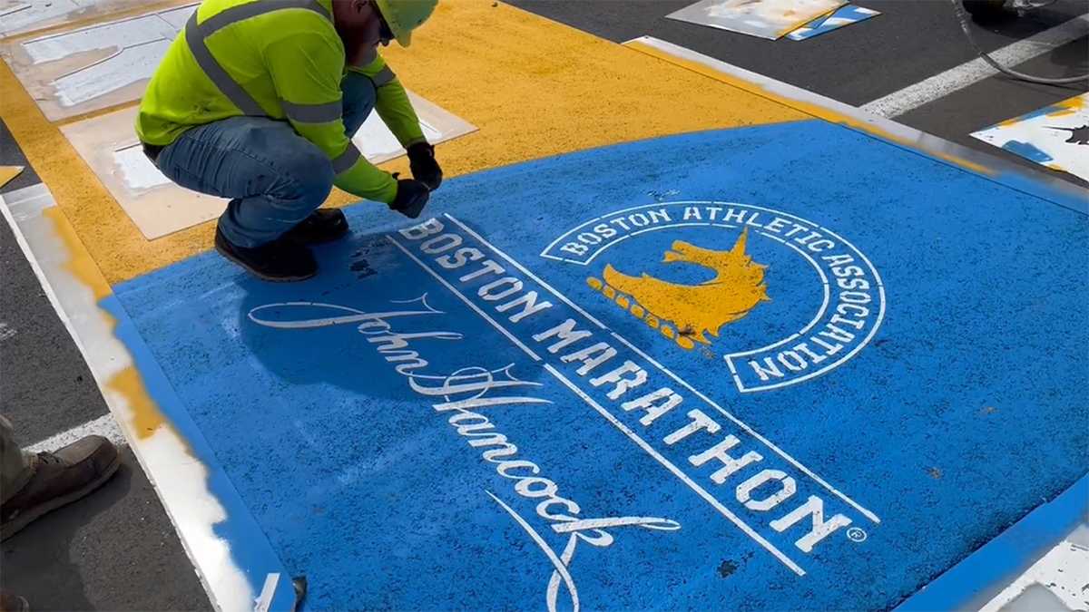2023 Boston Marathon starting line painted in Hopkinton