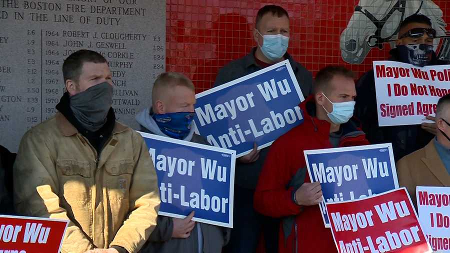 A group of Boston first responders protests the city's COVID-19 vaccine mandate for city employees at a rally on Jan. 26, 2022.