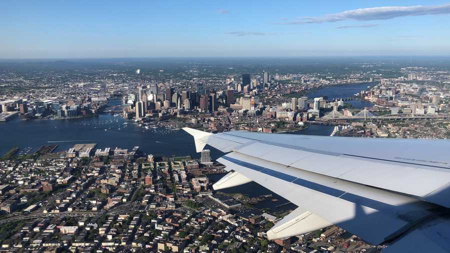 Boston view from Logan Airport plane takeoff