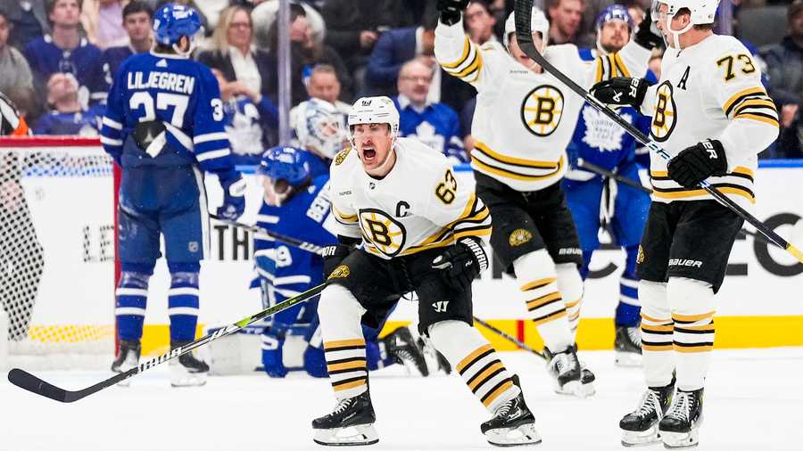 Brad Marchand (#63) of the Boston Bruins celebrates his goal against the Toronto Maple Leafs during the third period in Game Three of the First Round of the 2024 Stanley Cup Playoffs at Scotiabank Arena on April 24, 2024 in Toronto, Ontario, Canada.