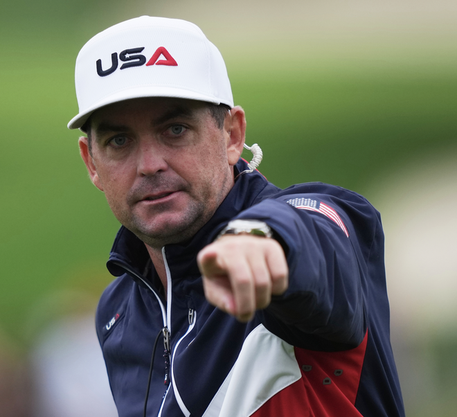 United States captain Keegan Bradley points on the 16th hole during a practice round at the Ryder Cup golf tournament.