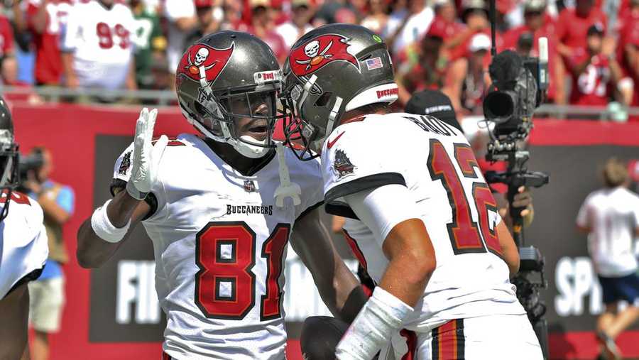 tampa bay buccaneers wide receiver antonio brown (81) celebrates his 62-yard touchdown reception with quarterback tom brady (12) during the first half of an nfl football game against the miami dolphins sunday, oct. 10, 2021, in tampa, fla. (ap photo/mark lomoglio)