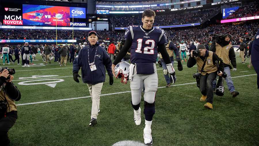 New England Patriots quarterback Tom Brady leaves the field after being defeated by the Miami Dolphins in an NFL football game, Sunday, Dec. 29, 2019, in Foxborough, Mass.