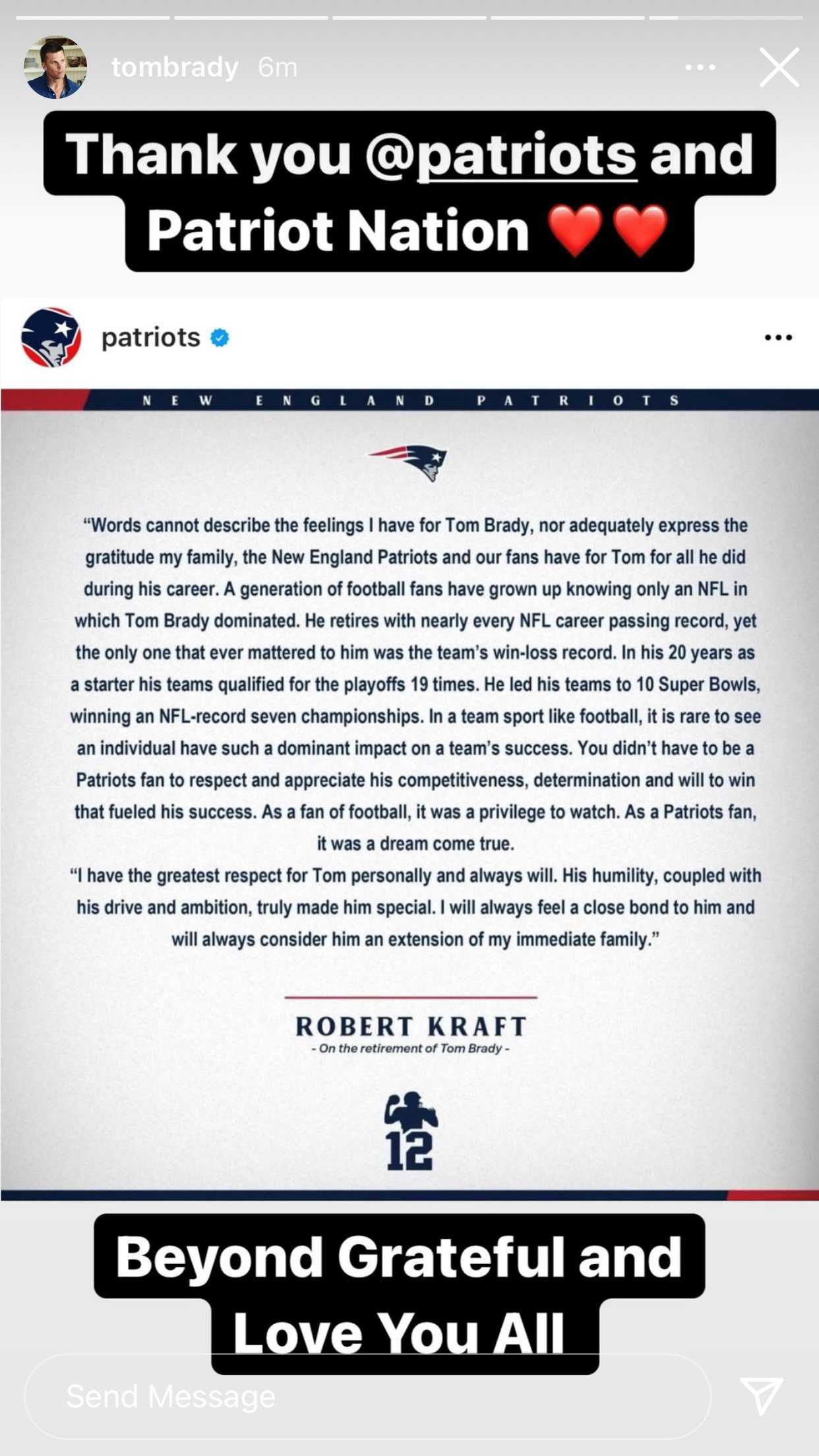 Tom Brady's emotional message to New England after Sunday's