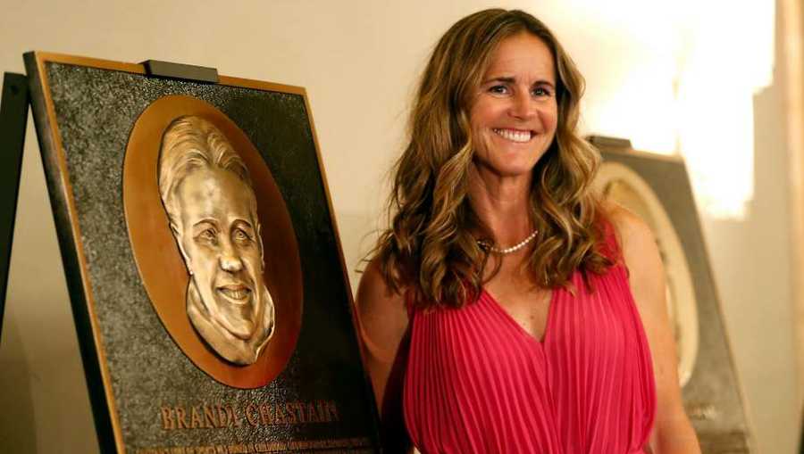 2018 Bay Area Sports Hall of Hame inductee Brandi Chastain poses by her plaque during a press conference in San Francisco on Monday, May 21, 2018.