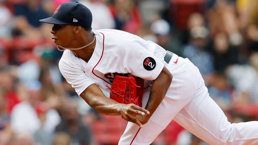 Boston Red Sox's Brayan Bello pitches during the first inning of a baseball game against the Texas Rangers, Saturday, Sept. 3, 2022, in Boston.