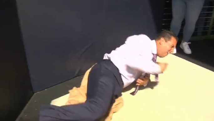 Dodgers TV reporter injured on Bernie Brewer's slide