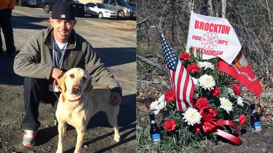 A 2014 file photo from The Enterprise, a WCVB media partner, shows Brockton Firefighter and his dog, Chica, whom he served with as a U.S. Marine in Afghanistan. The photo on the right shows a makeshift memorial that was erected on April 12, 2022 for Flaherty, who was killed in a motorcycle crash in West Bridgewater the night before on April 11.