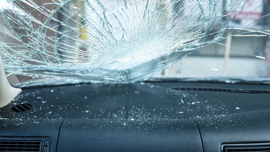 Inside of broken car windshield in car accident.