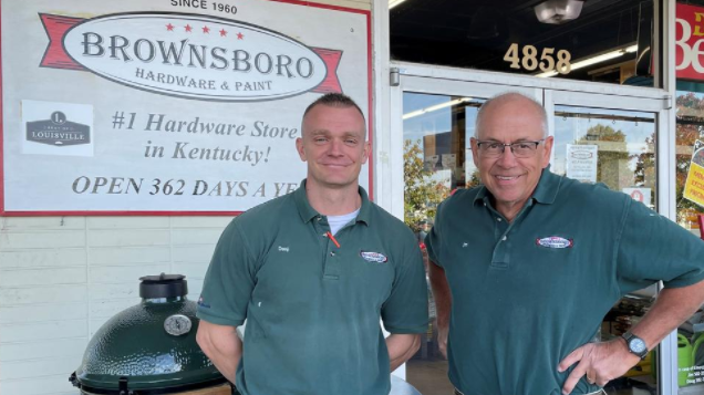 longtime owners jim and marilyn lehrer have sold brownsboro hardware & paint to louisville store manager doug carroll, left.
