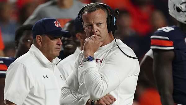 Auburn head coach Bryan Harsin is shown during the Tigers' loss to LSU in an NCAA college football game Saturday, Oct. 1, 2022, in Auburn, Ala. (AP Photo/John Bazemore)