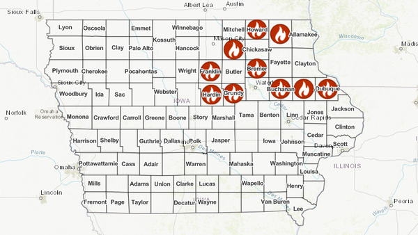 Active burn bans in Iowa as of Jan. 31, 2025.