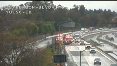 Overturned vehicle causes traffic delays on Highway 50 in West Sacramento