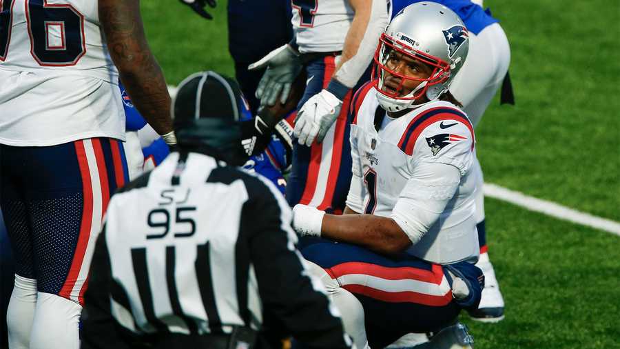 New England Patriots quarterback Cam Newton (1) reacts after fumbling the ball during the final drive of second half of an NFL football game against the Buffalo Bills Sunday, Nov. 1, 2020, in Orchard Park, N.Y. The ball was recovered by Dean Marlowe as the Bills won 24-21. (AP Photo/John Munson)