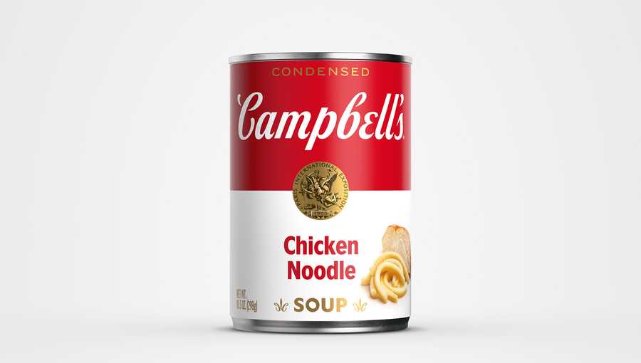 The redesigned Campbell's chicken noodle soup can is pictured.