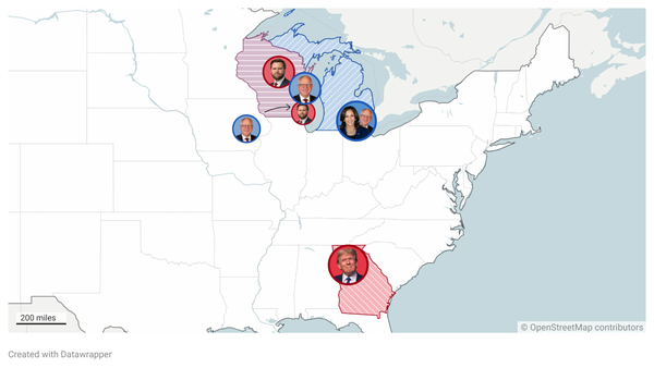 this is a map showing where the presidential candidates held public events on october 28, 2024.