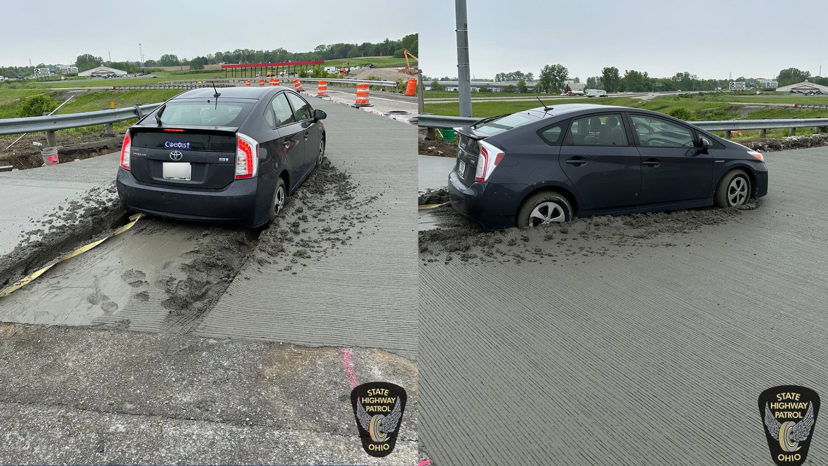 Ohio highway patrol: Car drives through work zone and into wet concrete - Vimarsana News