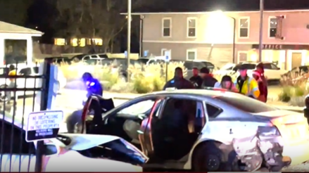Vehicle goes airborne before crashing by apartment complex - Vimarsana News