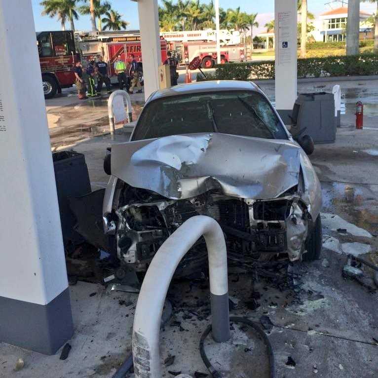 Car catches fire after driver shears off gas pump
