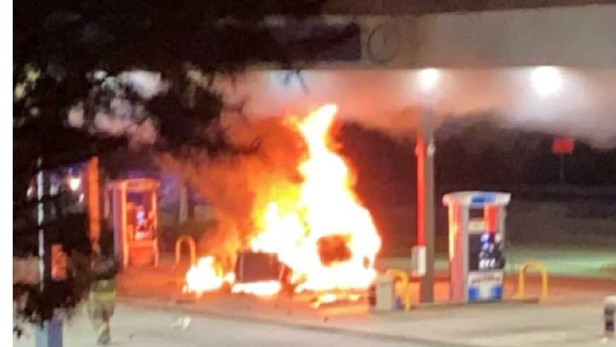 No injuries reported after car crashes into gas pump, catches on fire