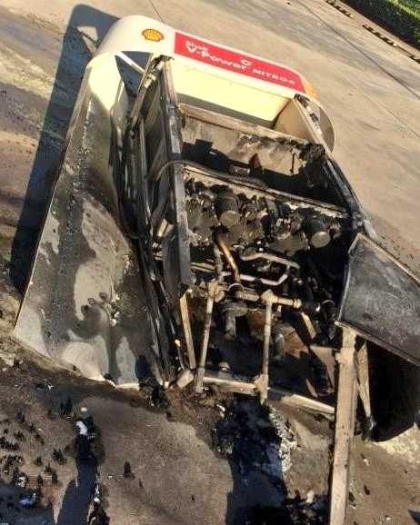 Car catches fire after driver shears off gas pump