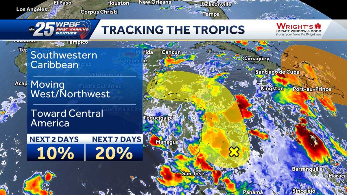 Tracking broad area of low pressure over southwestern Caribbean Sea