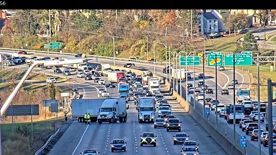 A jack-knifed semi blocking lanes on the interstate in Covington