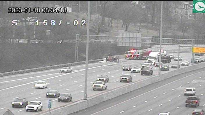 Two lanes are blocked on I-75 in Camp Washington due to a crash