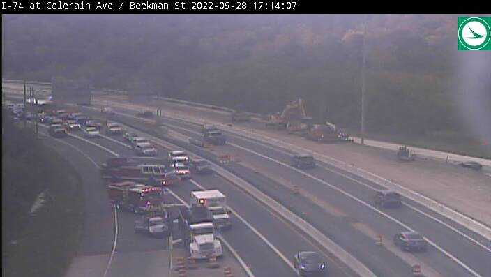 A crash is blocking traffic along I-74 near Beekman Street