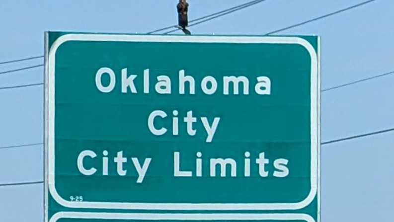 2025 NBA Champions signs being installed in Oklahoma City