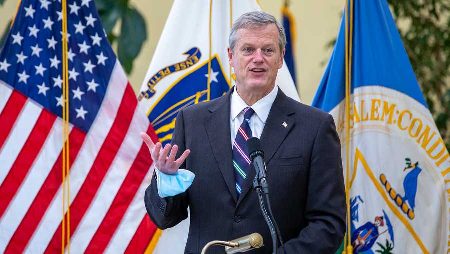A photo of Mass. Gov. Charlie Baker speaking at a news conference in Salem.