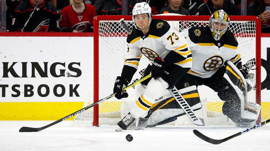 Boston Bruins' Charlie McAvoy (73) and goaltender Jeremy Swayman (1) watch the puck against the Carolina Hurricanes during the first period of Game 5 of an NHL hockey Stanley Cup first-round playoff series in Raleigh, N.C., Tuesday, May 10, 2022.
