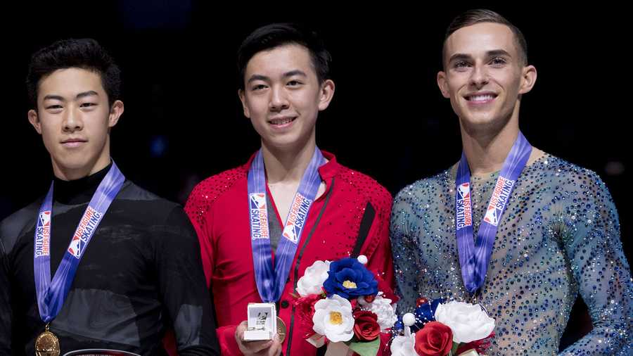 January 6, 2018; San Jose, CA, USA; (L-R) Second place Ross Miner, first place Nathan Chen, third place Vincent Zhou, and fourth place Adam Rippon pose for a photo after the men's free skate program during the 2018 U.S. Figure Skating Championships at SAP Center. Mandatory Credit: Kyle Terada-USA TODAY Sports