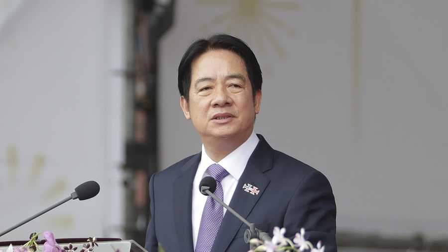 Taiwanese President Lai Ching-te delivers a speech during National Day celebrations in front of the Presidential Building in Taipei, Taiwan, Thursday, Oct. 10, 2024.